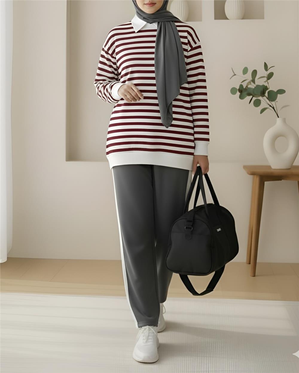 Yan Çizgili Bisiklet Yaka Sweat   -Taba-349-1079-R12