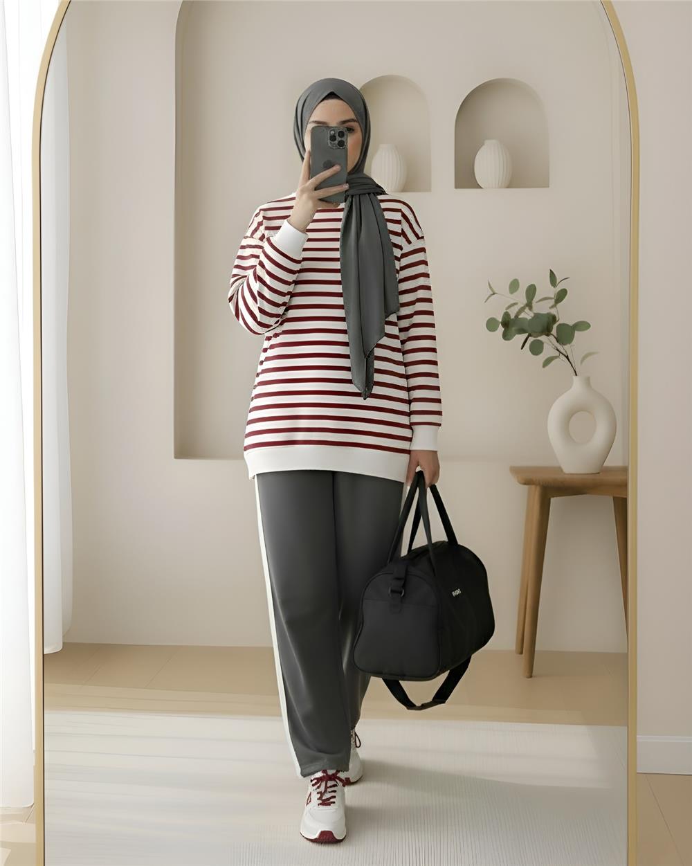 Yan Çizgili Bisiklet Yaka Sweat   -Taba-349-1079-R12
