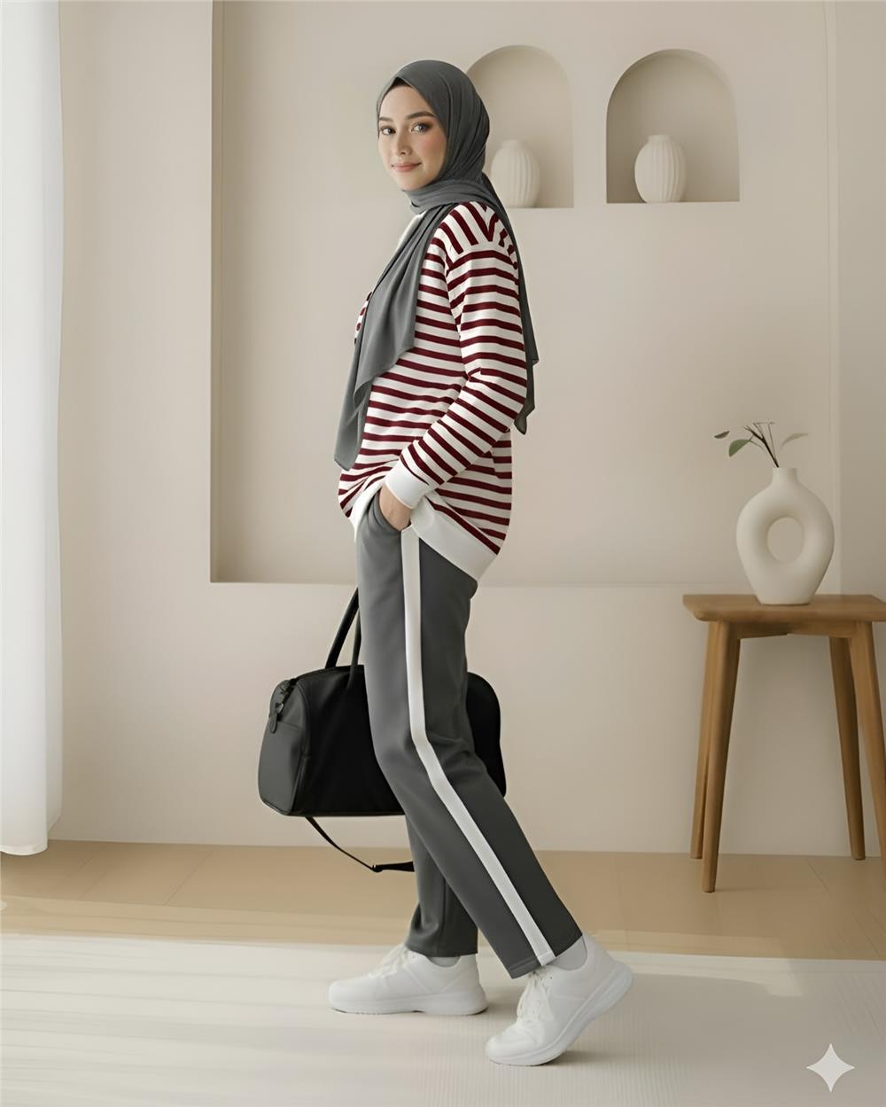 Yan Çizgili Bisiklet Yaka Sweat   -Taba-349-1079-R12