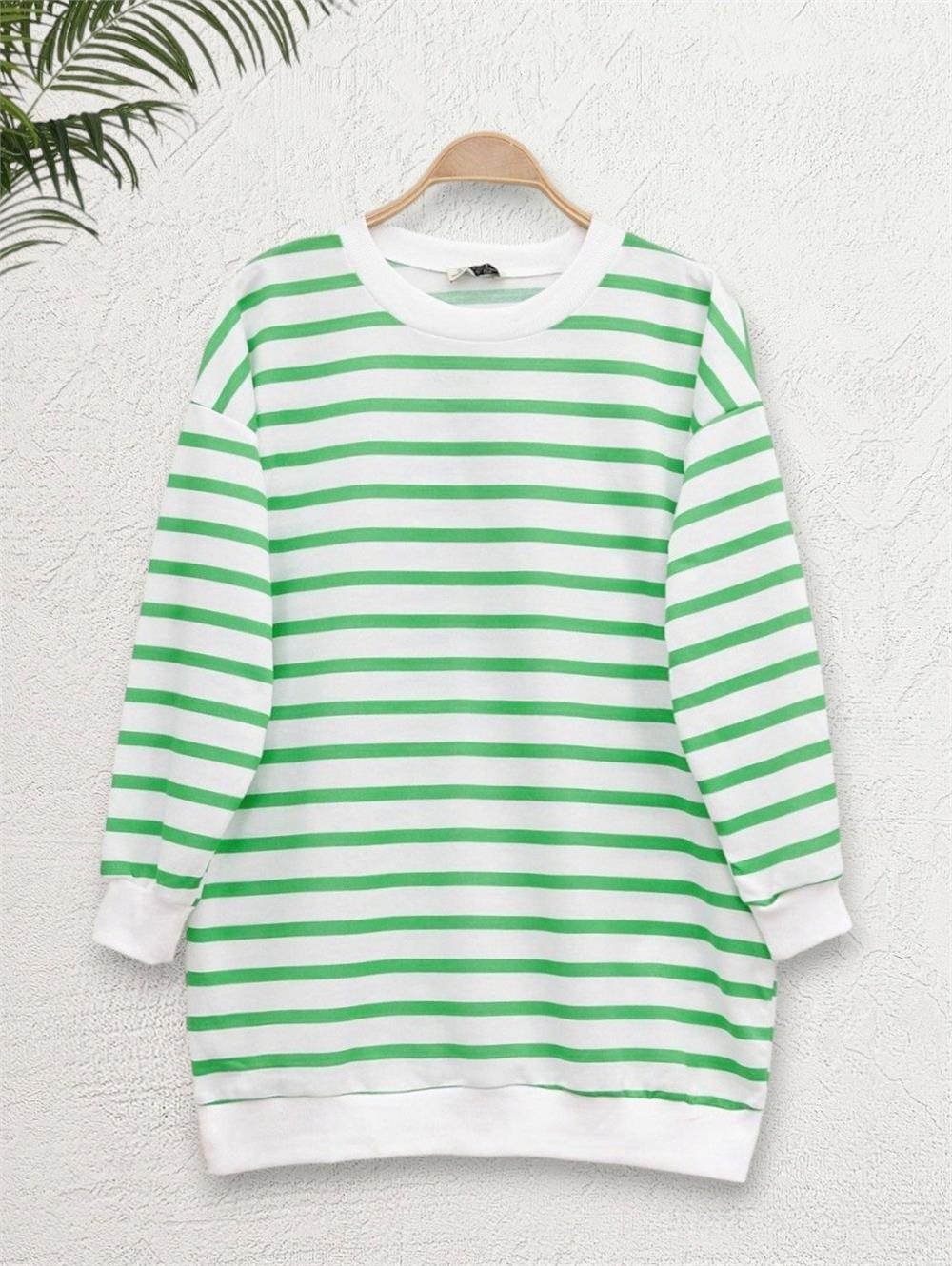 Side Striped Crew Neck Sweat -Green-349-1079-R35
