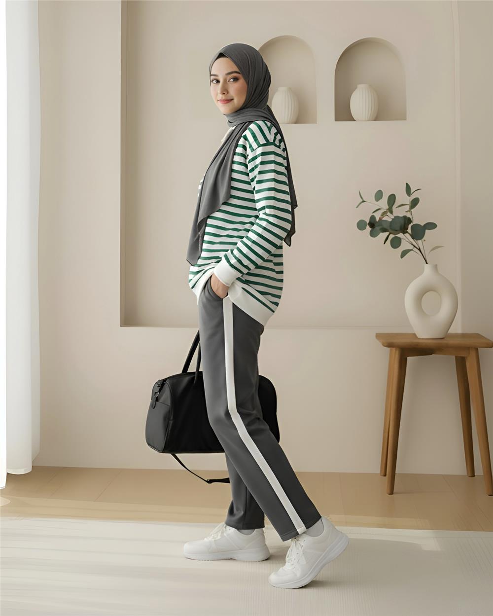 Yan Çizgili Bisiklet Yaka Sweat  -Zümrüt-349-1079-R17