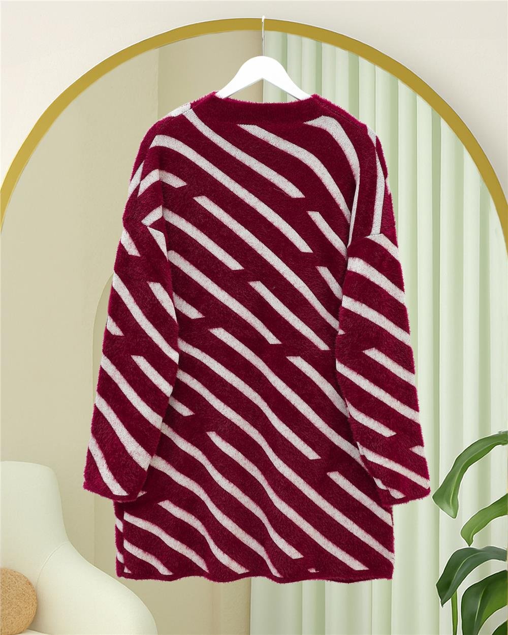 Yan Çizgili Sakallı Salaş Triko Kazak -Bordo-295-4530-R04
