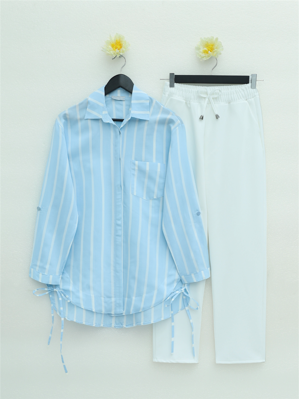Striped Shirt with Side Tie Pockets - Baby Blue-223-6247-R32