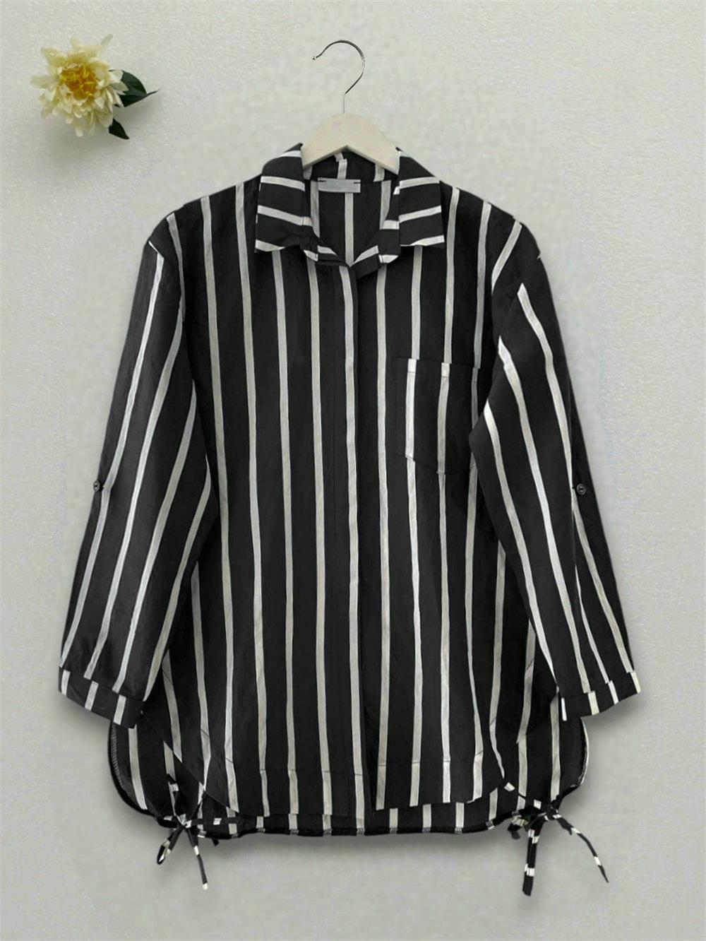 Striped Shirt with Side Tie Pockets -Black-223-6247-R01