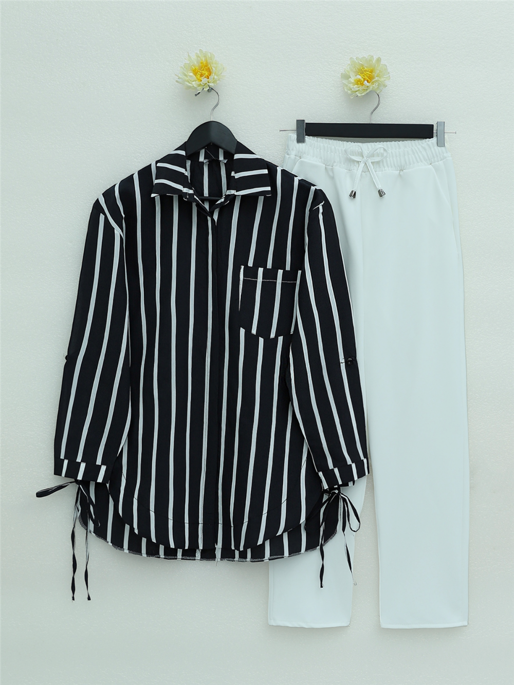 Striped Shirt with Side Tie Pockets -Black-223-6247-R01