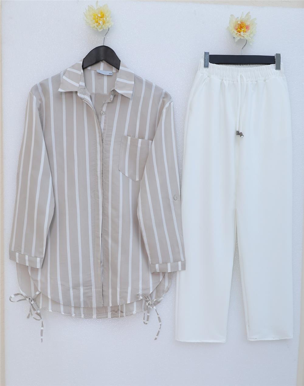 Striped Shirt with Side Tie Pockets -Mink-223-6247-R23
