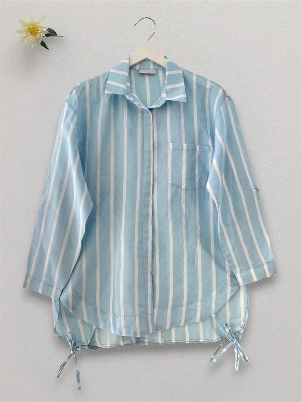 Striped Shirt with Side Tie Pockets - Baby Blue-223-6247-R32
