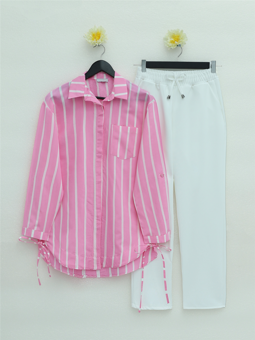 Striped Shirt with Side Tie Pockets -Pink-223-6247-R20