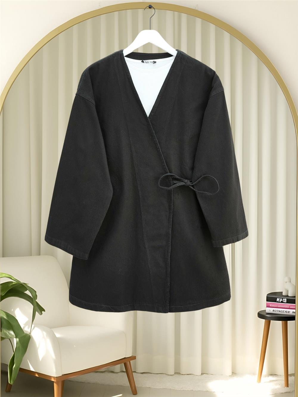 Yandan Bağlamalı Kot Kimono -Siyah-111-50718KOT-R01