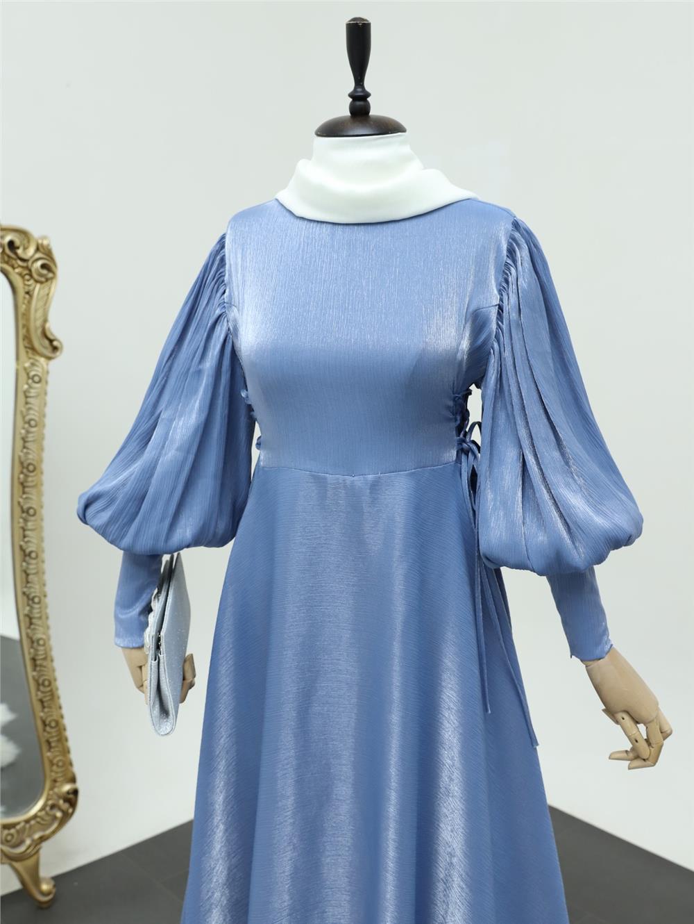 Balloon Sleeve Jacquard Evening Dress with Tie-Up Sides - Baby Blue-386-5996-R32