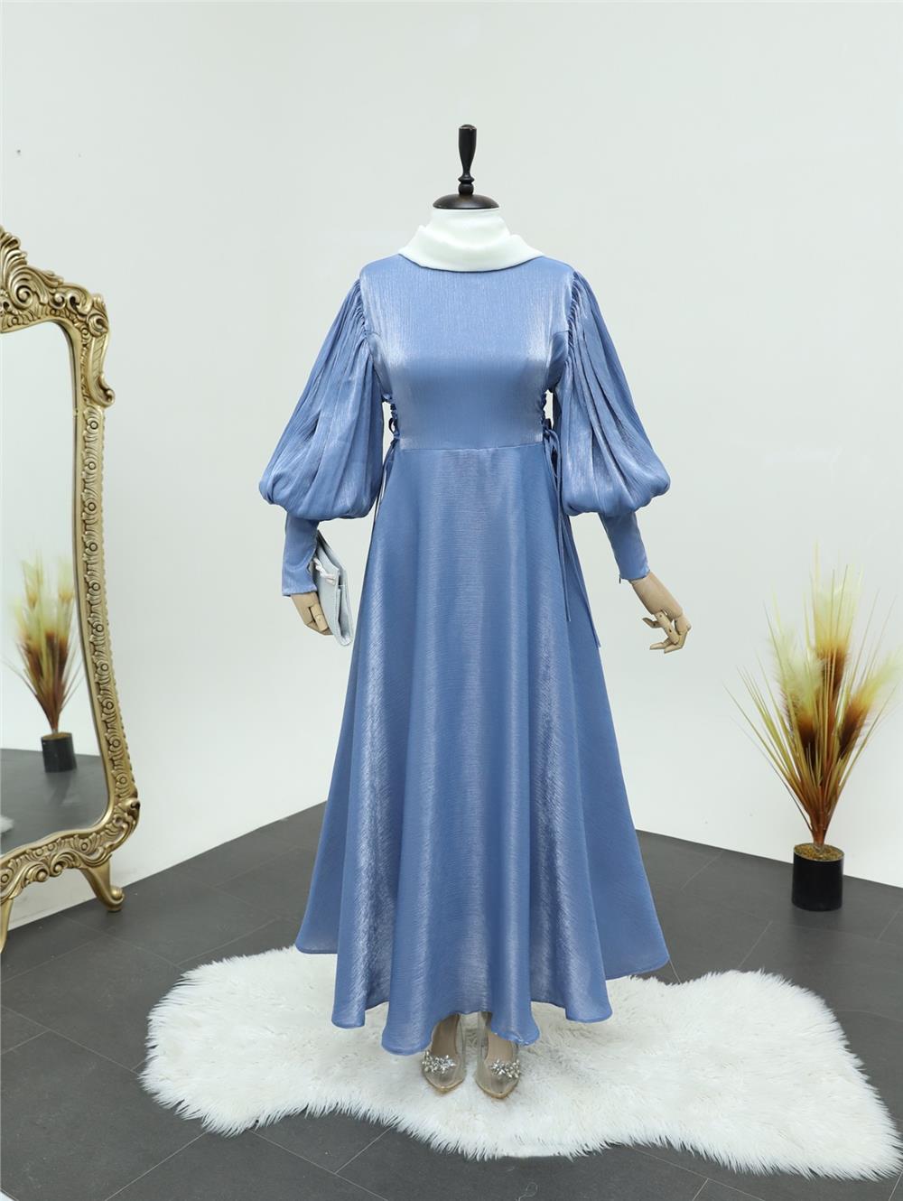 Balloon Sleeve Jacquard Evening Dress with Tie-Up Sides - Baby Blue-386-5996-R32