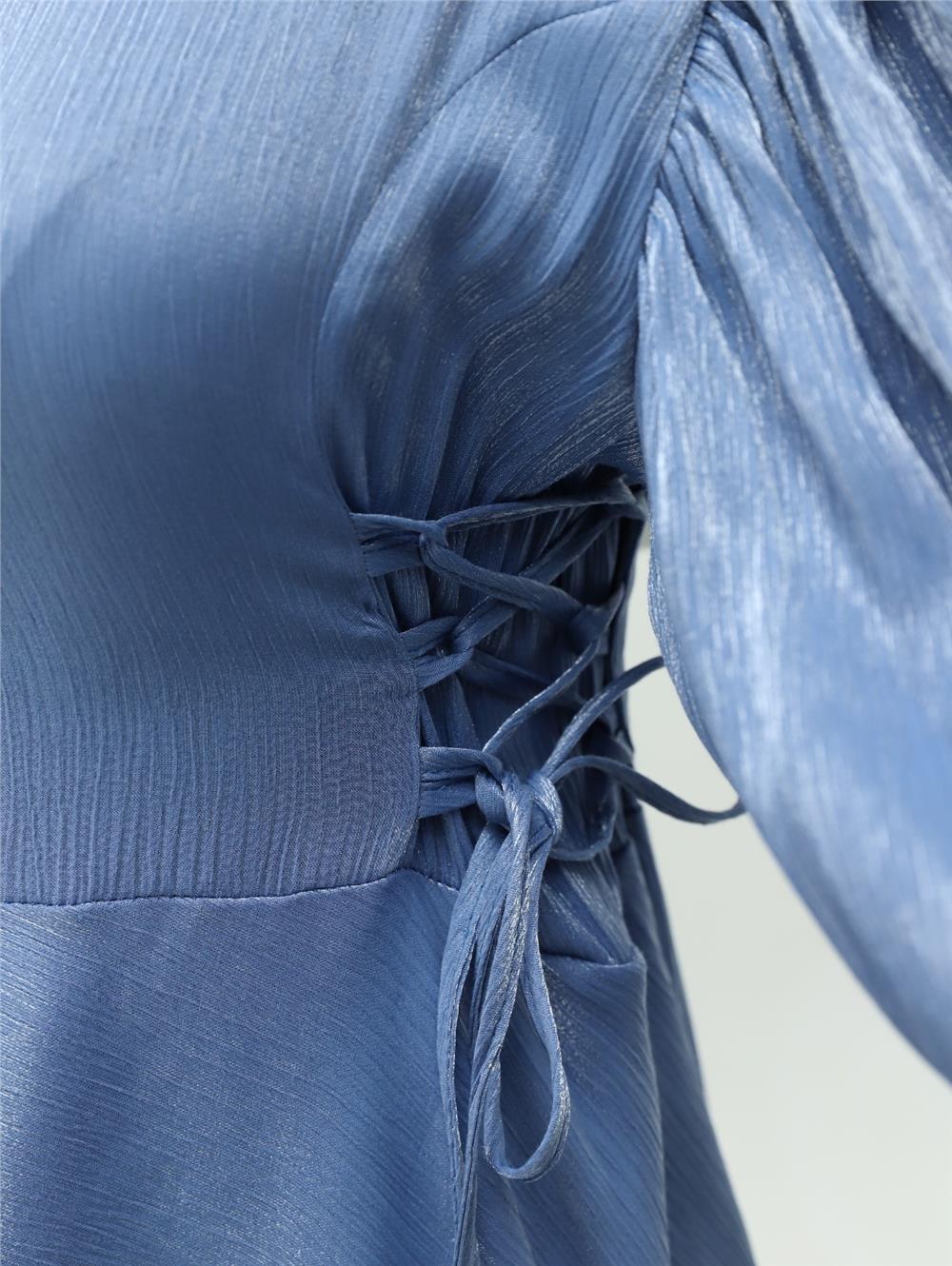 Balloon Sleeve Jacquard Evening Dress with Tie-Up Sides - Baby Blue-386-5996-R32