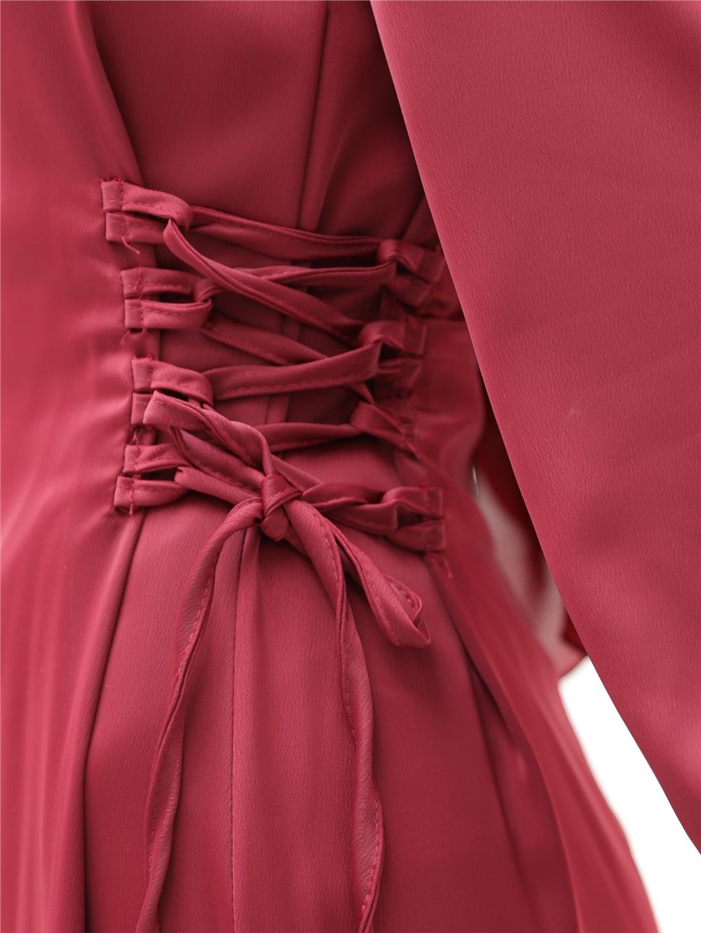 Satin Dress with Tie-Up Sides and Elastic Sleeves - Claret Red-386-5948-R04