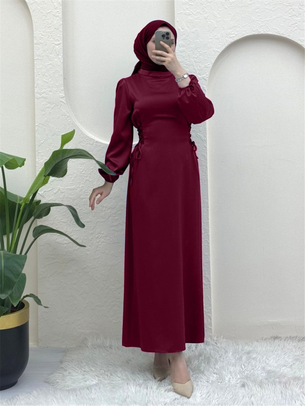Satin Dress with Tie-Up Sides and Elastic Sleeves - Claret Red-386-5948-R04