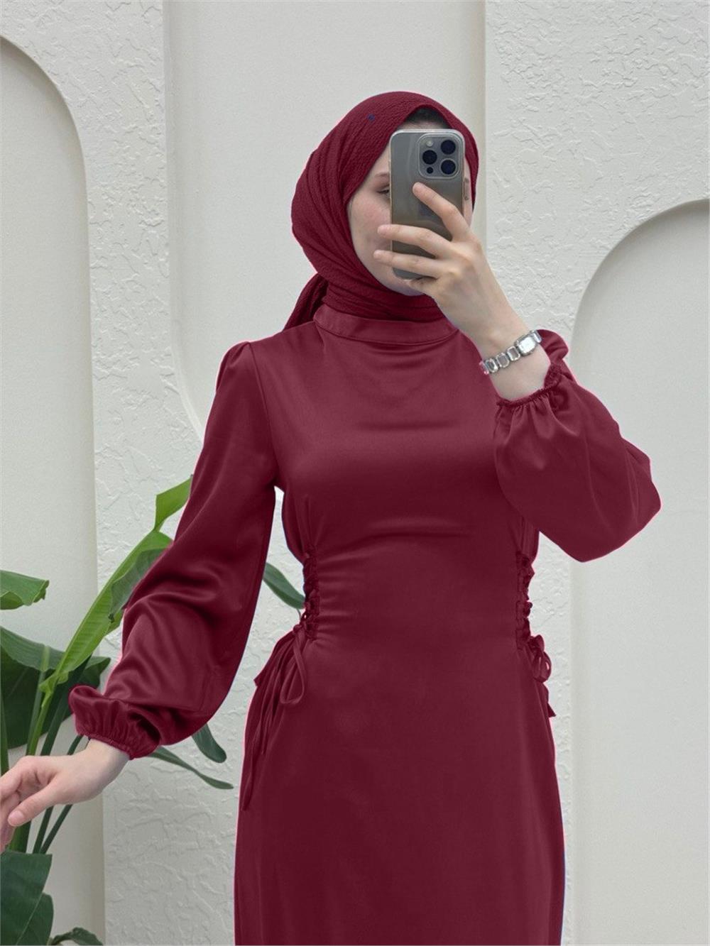 Satin Dress with Tie-Up Sides and Elastic Sleeves - Claret Red-386-5948-R04