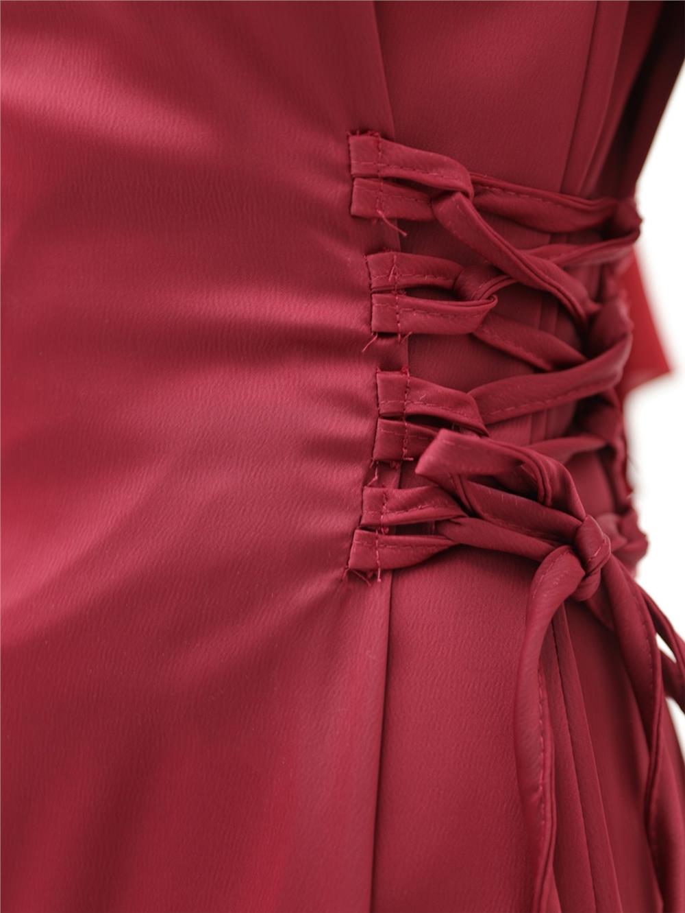 Satin Dress with Tie-Up Sides and Elastic Sleeves - Claret Red-386-5948-R04