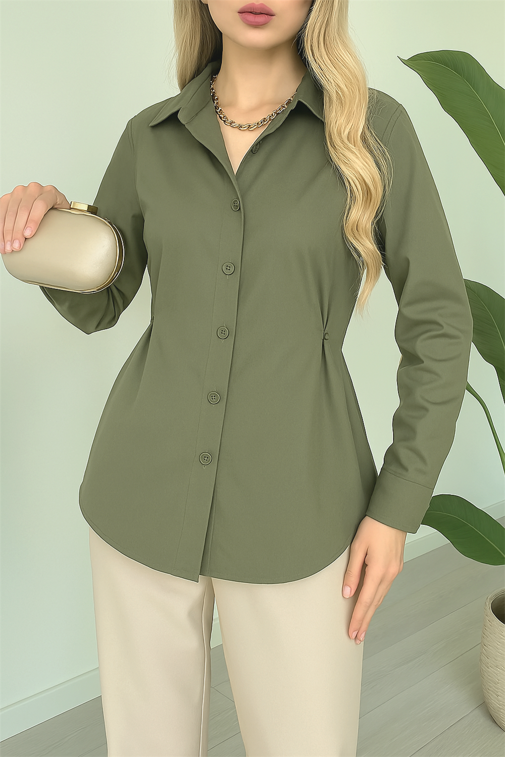 Yanları Düğme Detaylı Poplin Gömlek -Haki-246-1625-R05