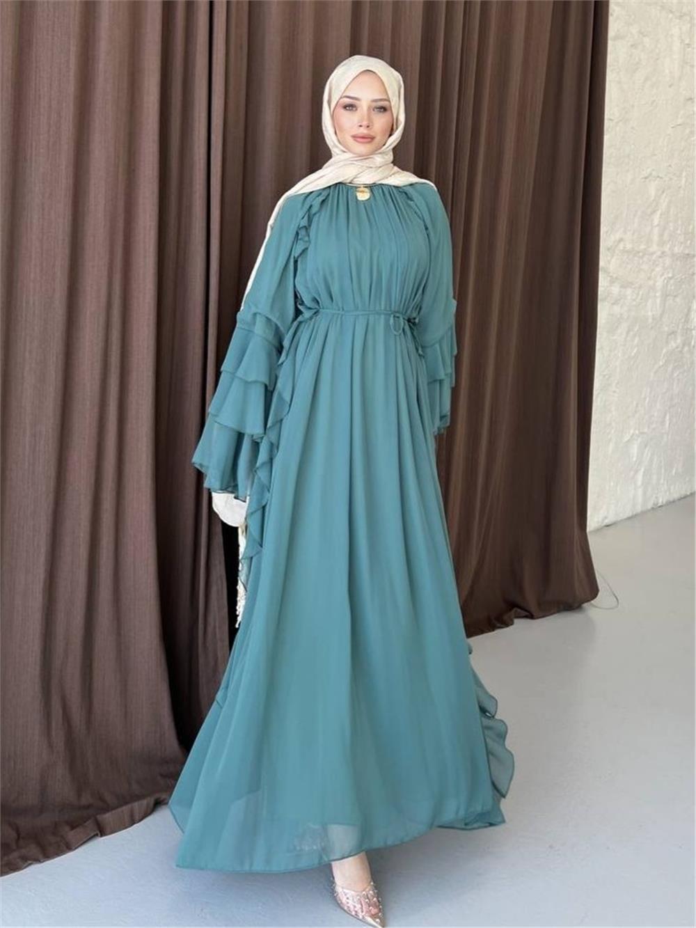 Yanları Fırfırlı Kolu Volanlı Bağcıklı Şifon Elbise -Mint-114-5730-R24