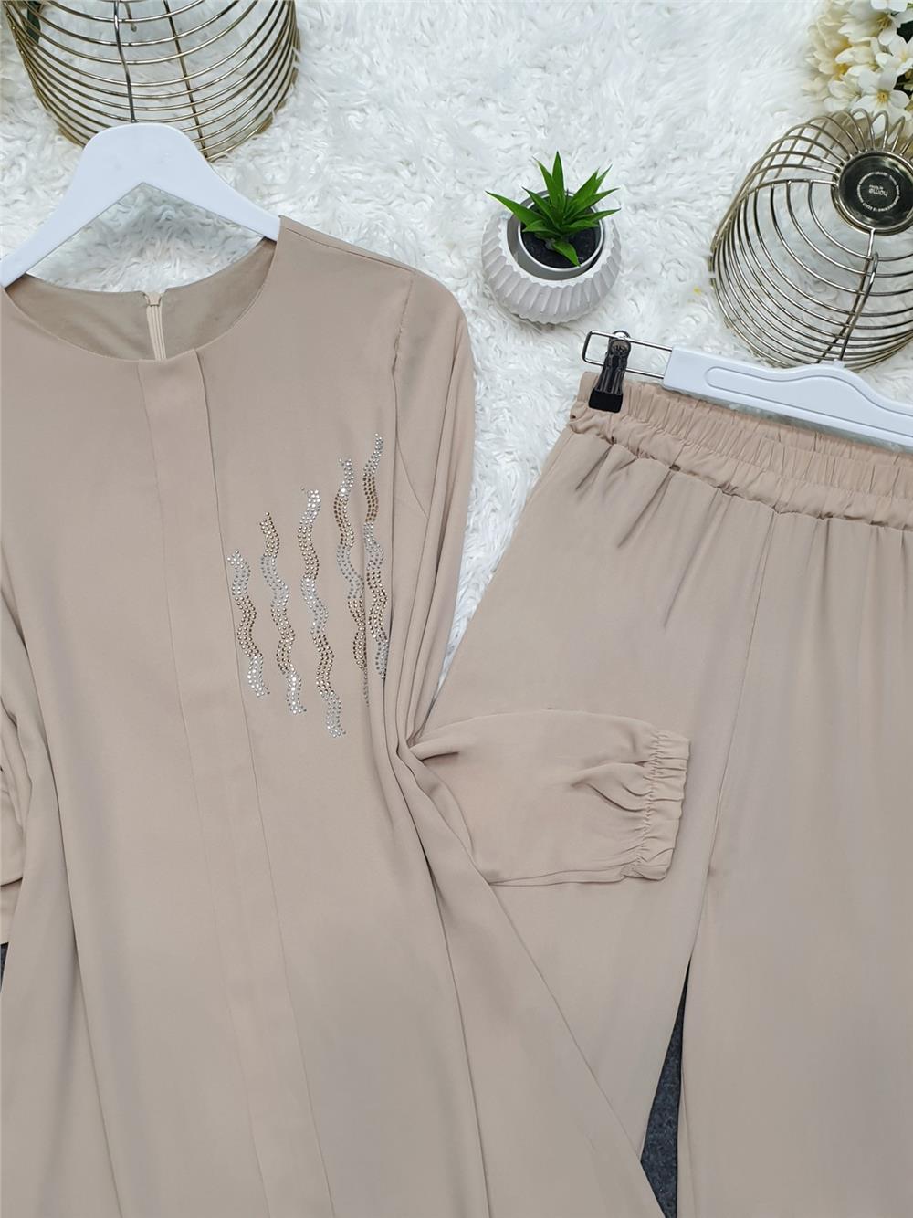 Sticking Stone Detailed Slit Chiffon Set -Stone-144-1309-R43