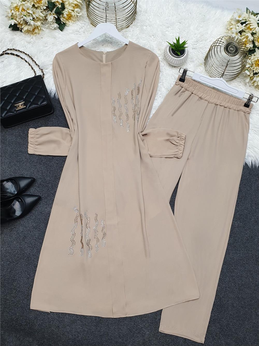 Sticking Stone Detailed Slit Chiffon Set -Stone-144-1309-R43