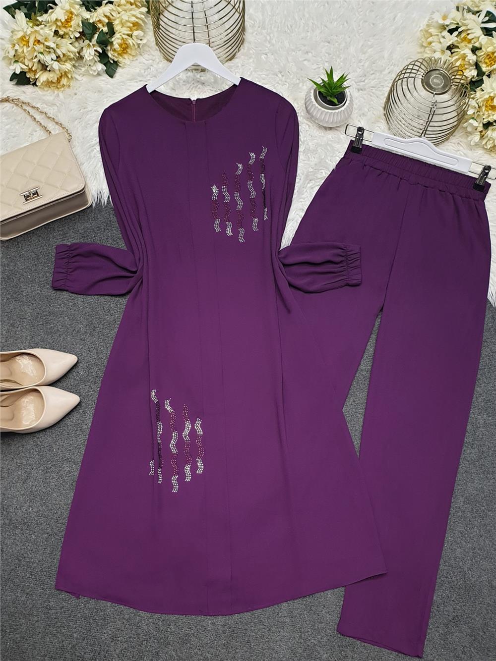 Glued Stone Detailed Slit Chiffon Set -Purple-144-1309-R34