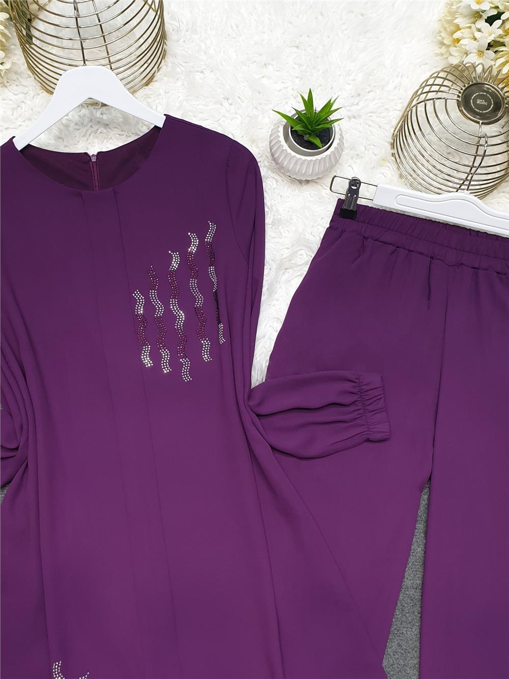 Glued Stone Detailed Slit Chiffon Set -Purple-144-1309-R34