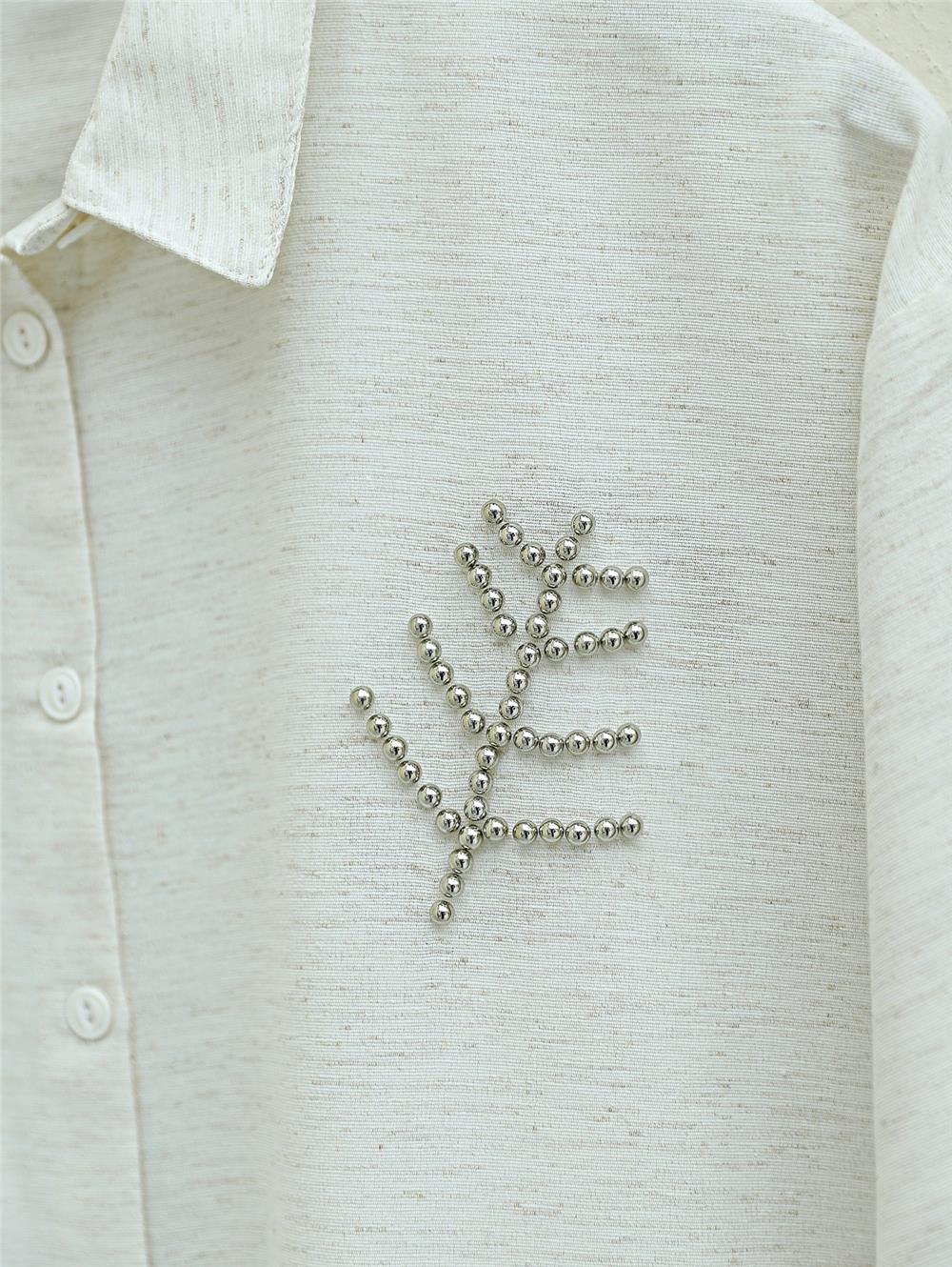 Leaf Motif Pearled Linen Shirt -Stone-238-2508-R43