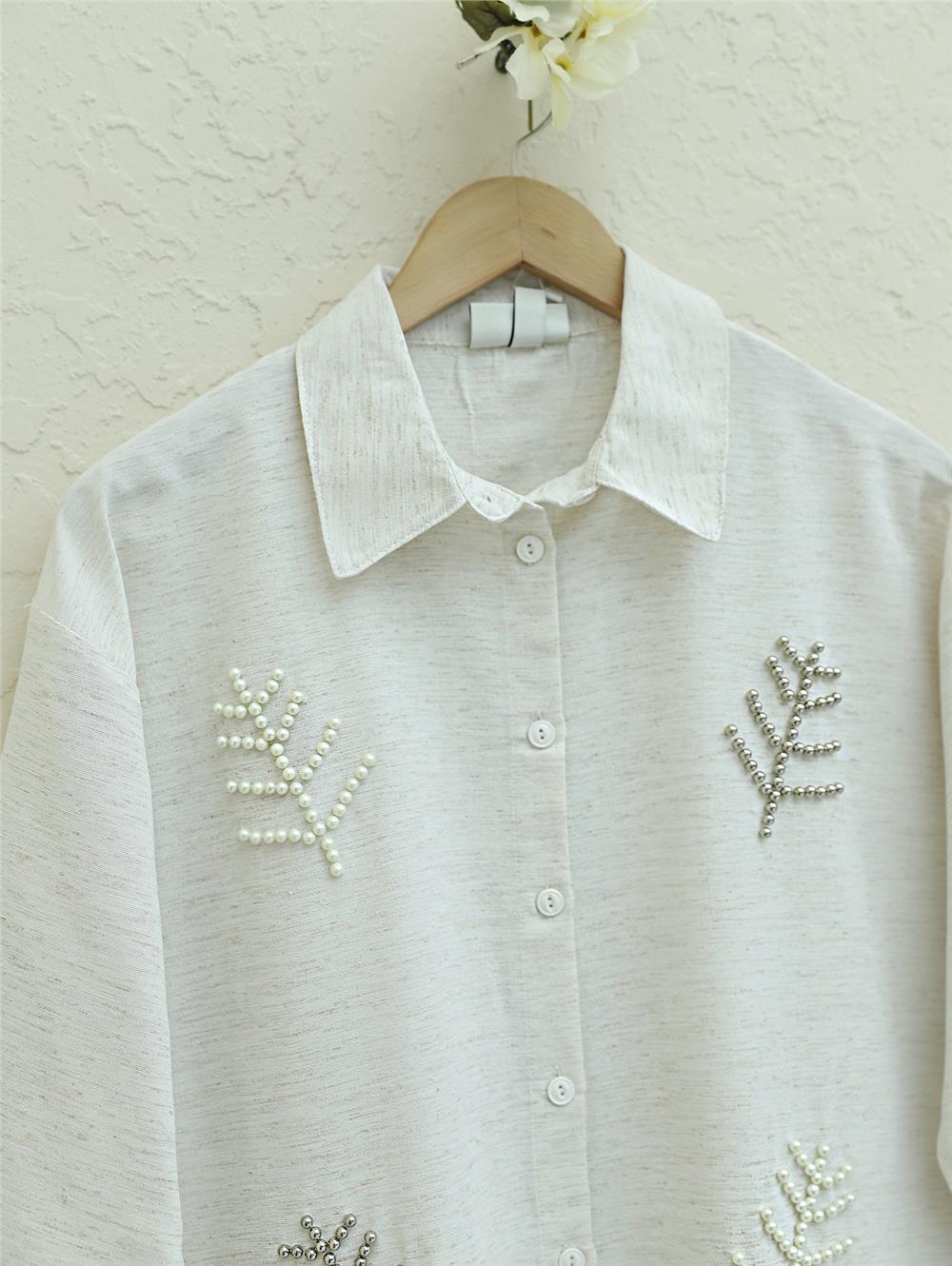 Leaf Motif Pearled Linen Shirt -Stone-238-2508-R43