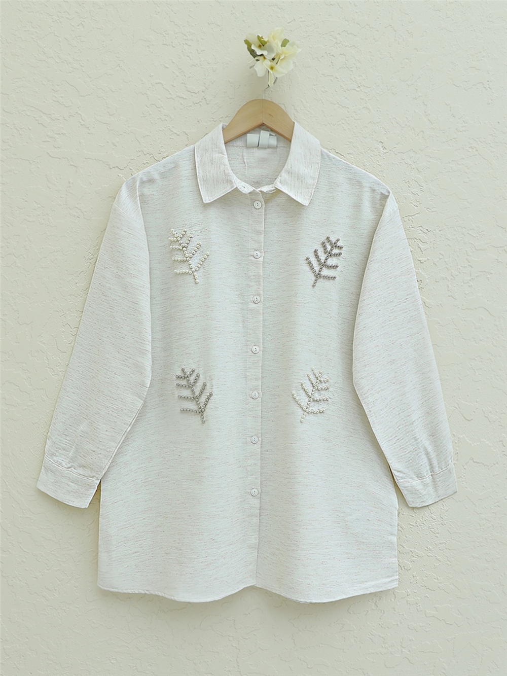Leaf Motif Pearled Linen Shirt -Stone-238-2508-R43