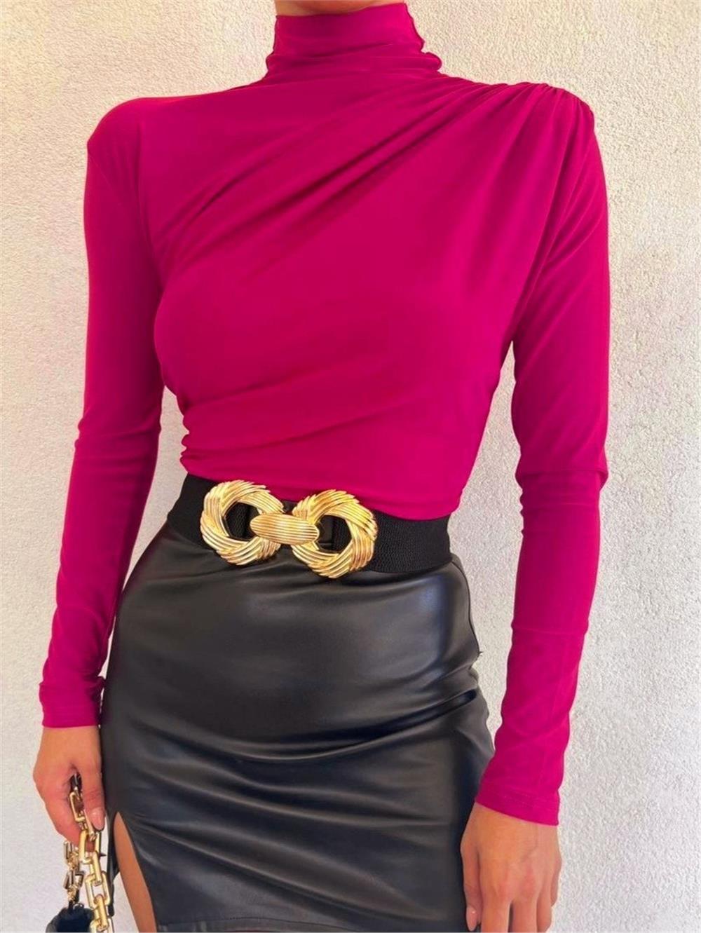Half Neck Pleated Sandy Blouse -Fuchsia-358-1530001-R14