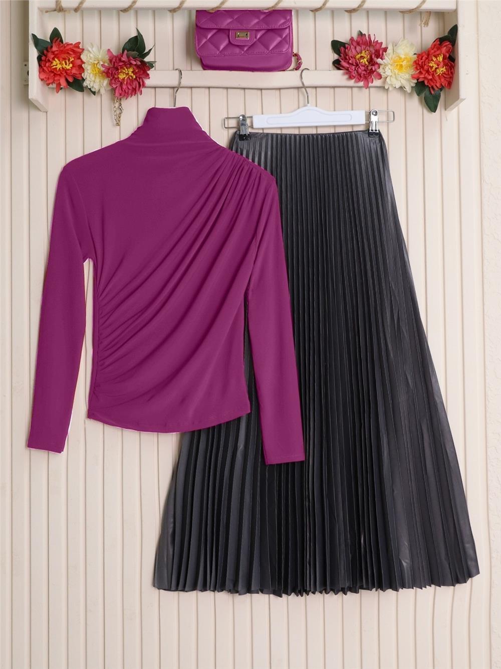 Half Neck Pleated Sandy Blouse -Fuchsia-358-1530001-R14