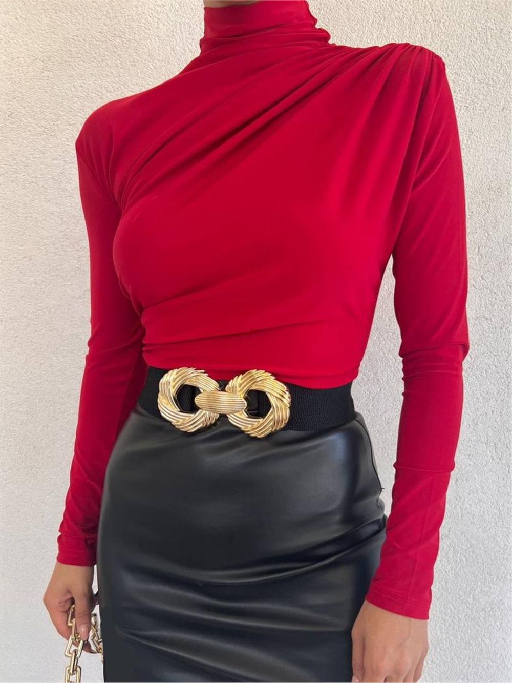 Half Neck Pleated Sandy Blouse -Red-358-1530001-R33