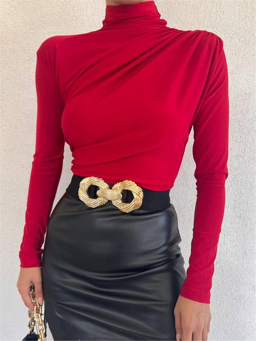 Half Neck Pleated Sandy Blouse -Red-358-1530001-R33