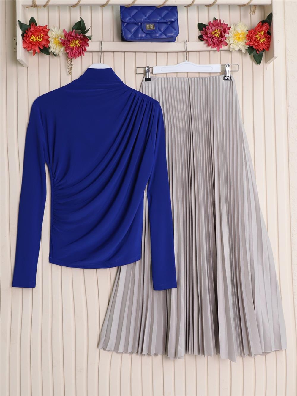 Half Neck Pleated Sandy Blouse -Saxe-358-1530001-R10