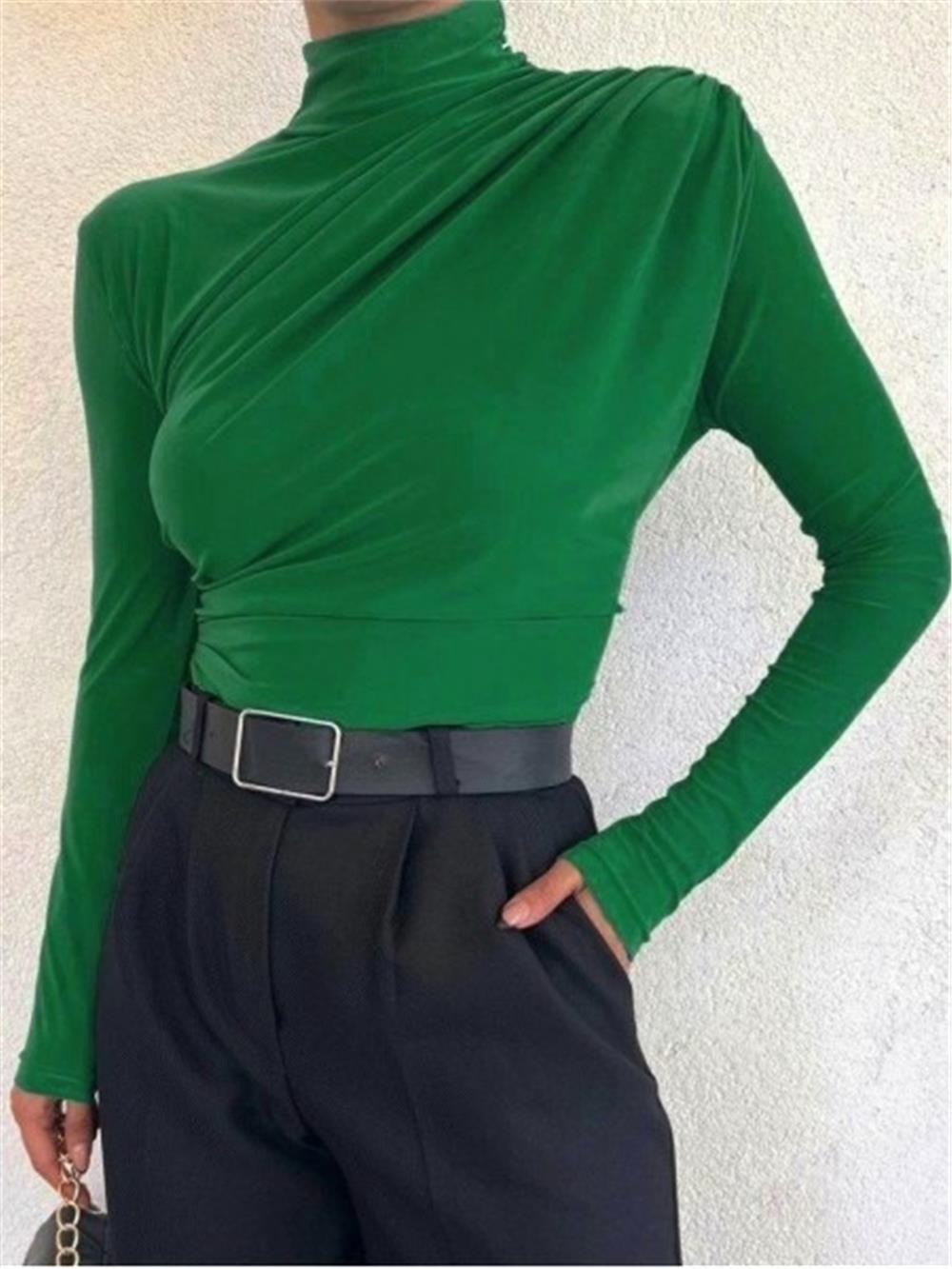 Half Neck Pleated Sandy Blouse -Green-358-1530001-R35