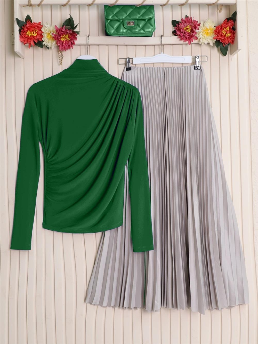 Half Neck Pleated Sandy Blouse -Green-358-1530001-R35