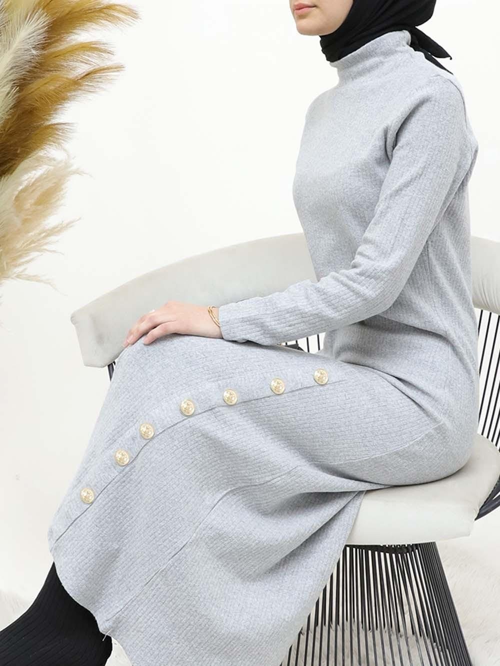 Half-Neck Dress with Button Detail - Gray-253-12890-R11