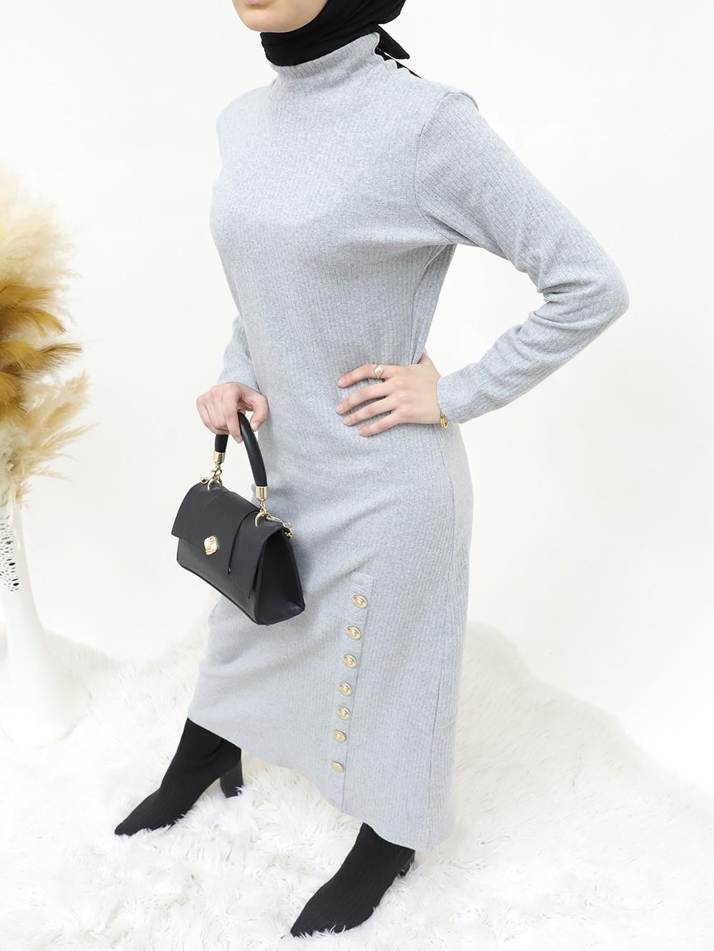 Half-Neck Dress with Button Detail - Gray-253-12890-R11