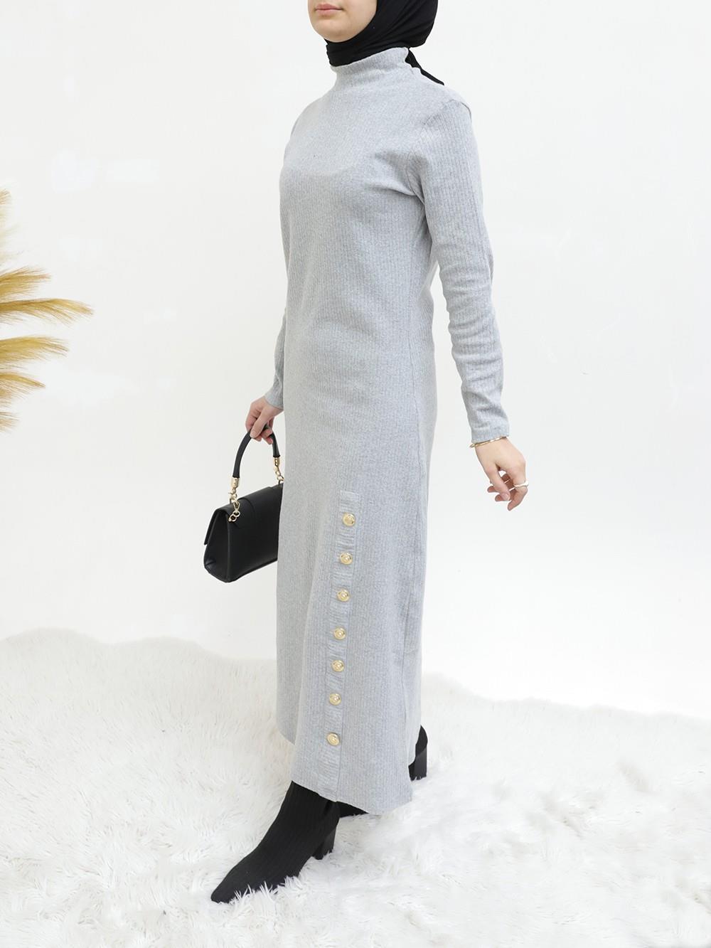 Half-Neck Dress with Button Detail - Gray-253-12890-R11