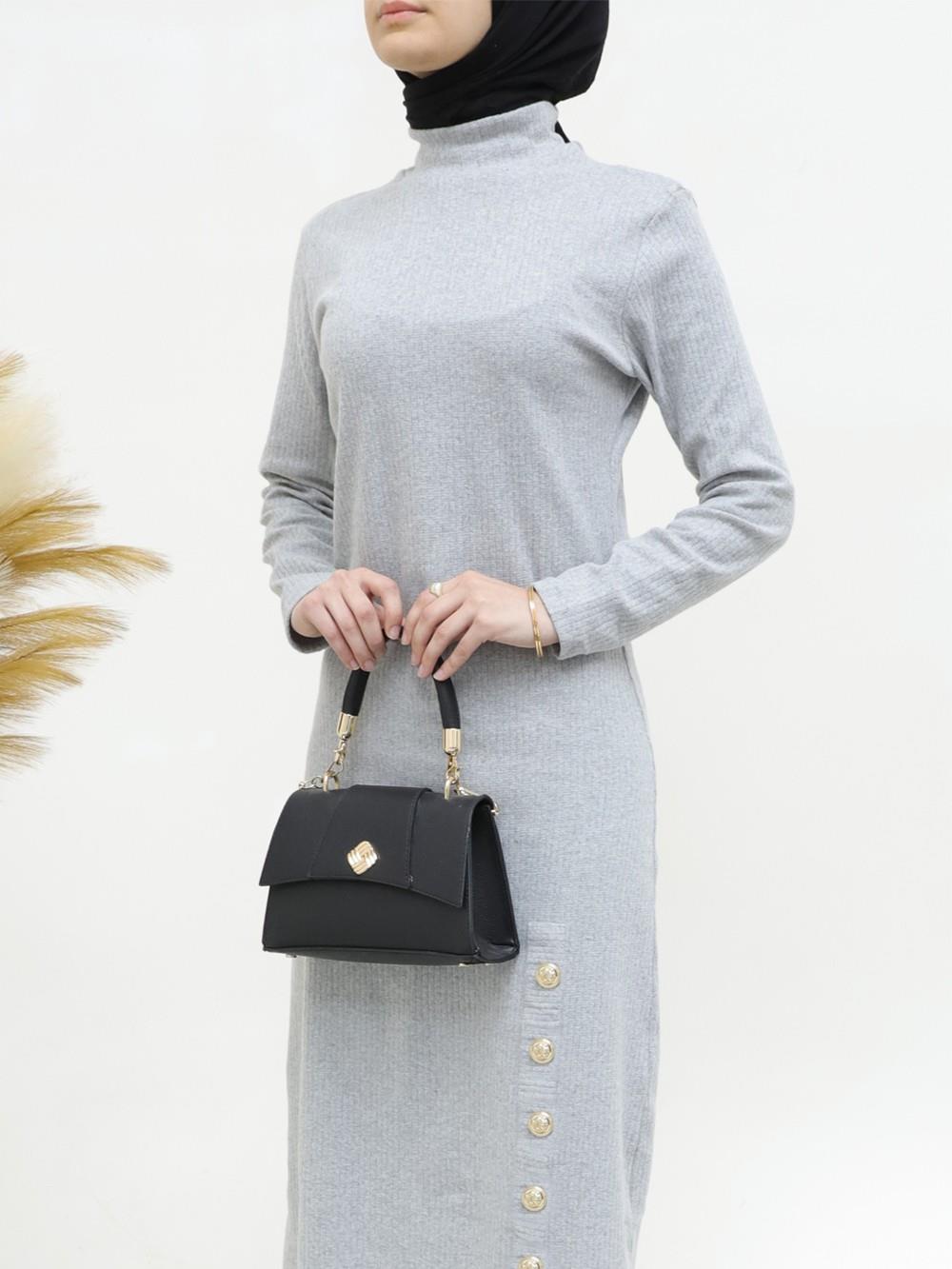 Half-Neck Dress with Button Detail - Gray-253-12890-R11