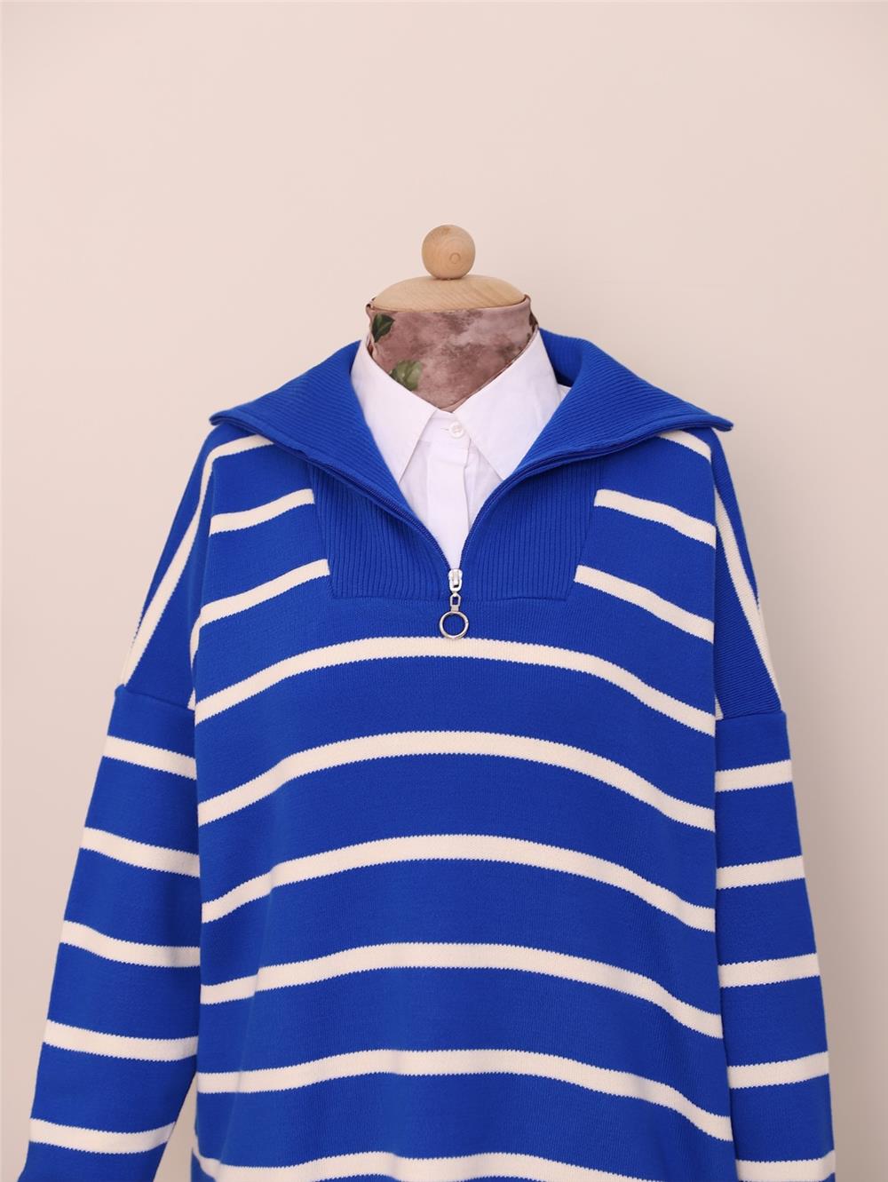 Half-Neck Zippered Double Plate Knitwear Tunic -Blue-357-6081-R31
