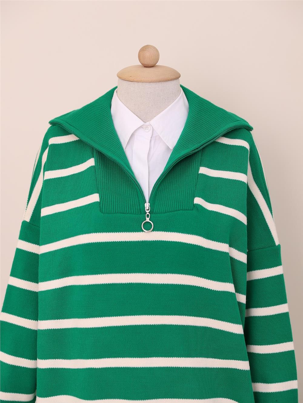 Half-Neck Zippered Double Plate Knitwear Tunic -Green-357-6081-R35