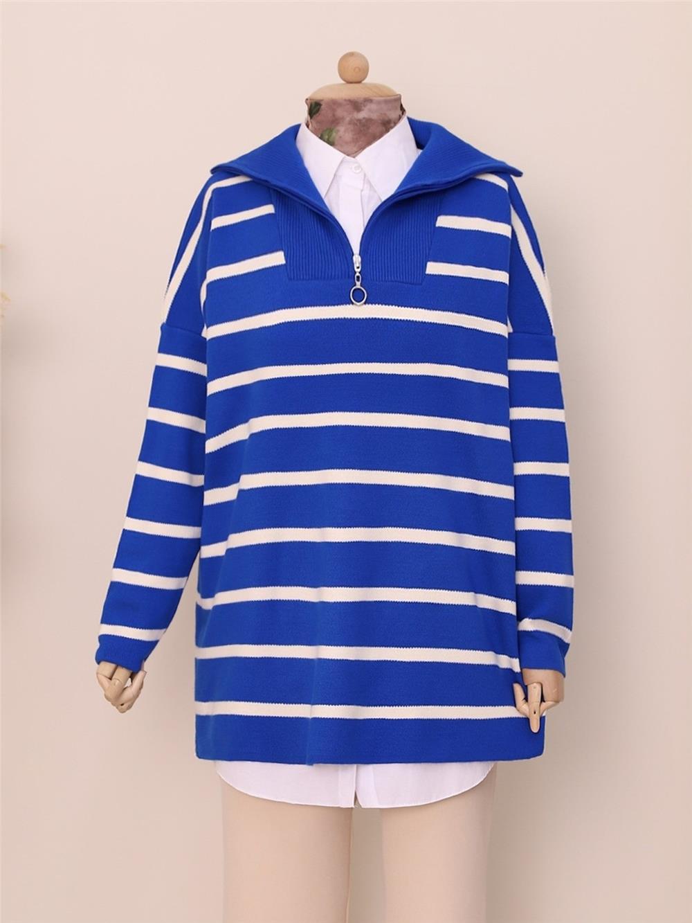 Half-Neck Zippered Double Plate Knitwear Tunic -Blue-357-6081-R31