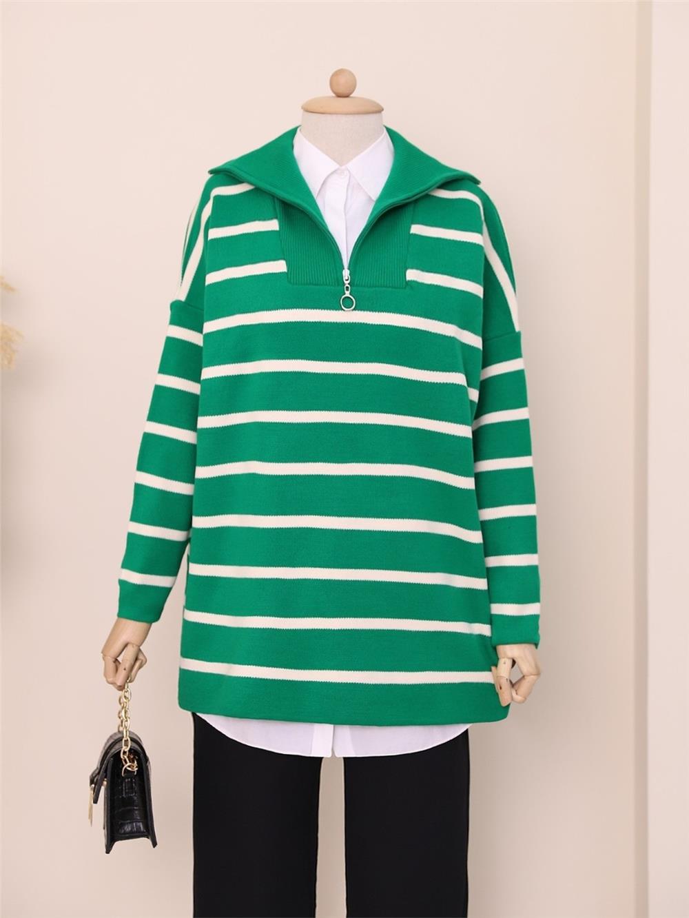 Half-Neck Zippered Double Plate Knitwear Tunic -Green-357-6081-R35