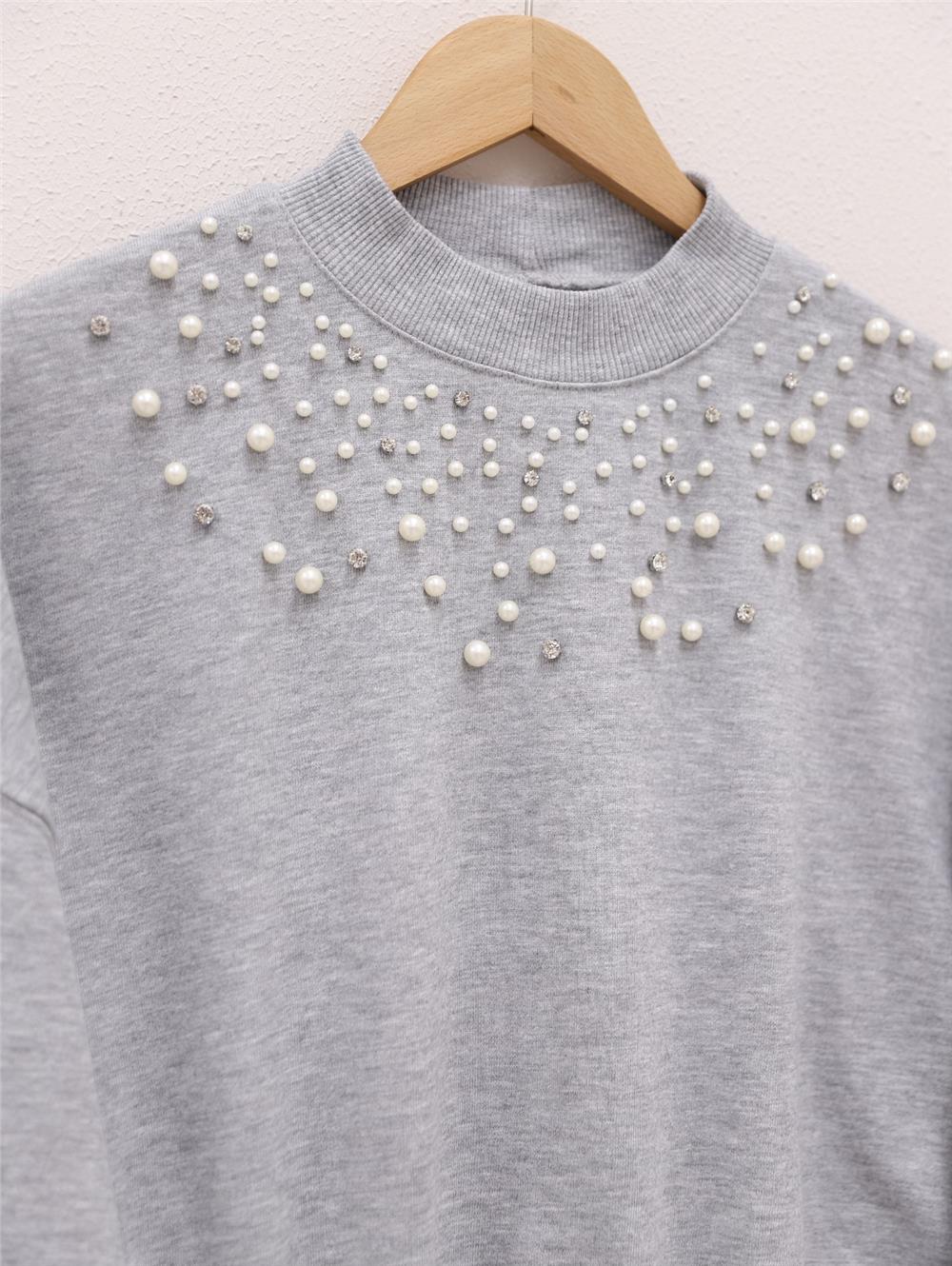 Half-Neck Sweat with Pearls and Stones on the Front - Gray-363-92295-R11