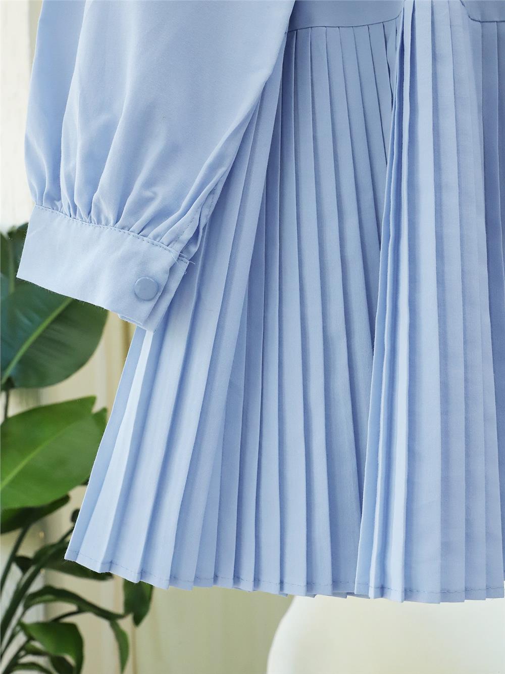 Yarım Düğmeli Beli Bağlamalı Piliseli Gömlek  -Bebe Mavi-398-1034-R32