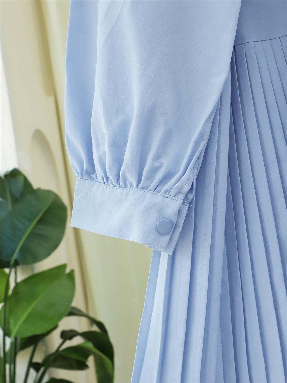 Yarım Düğmeli Beli Bağlamalı Piliseli Gömlek  -Bebe Mavi-398-1034-R32