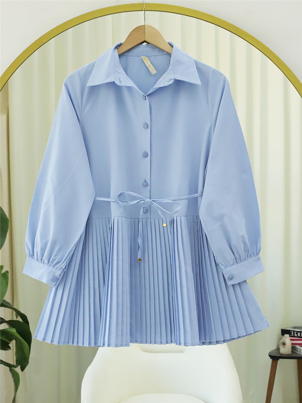 Yarım Düğmeli Beli Bağlamalı Piliseli Gömlek  -Bebe Mavi-398-1034-R32