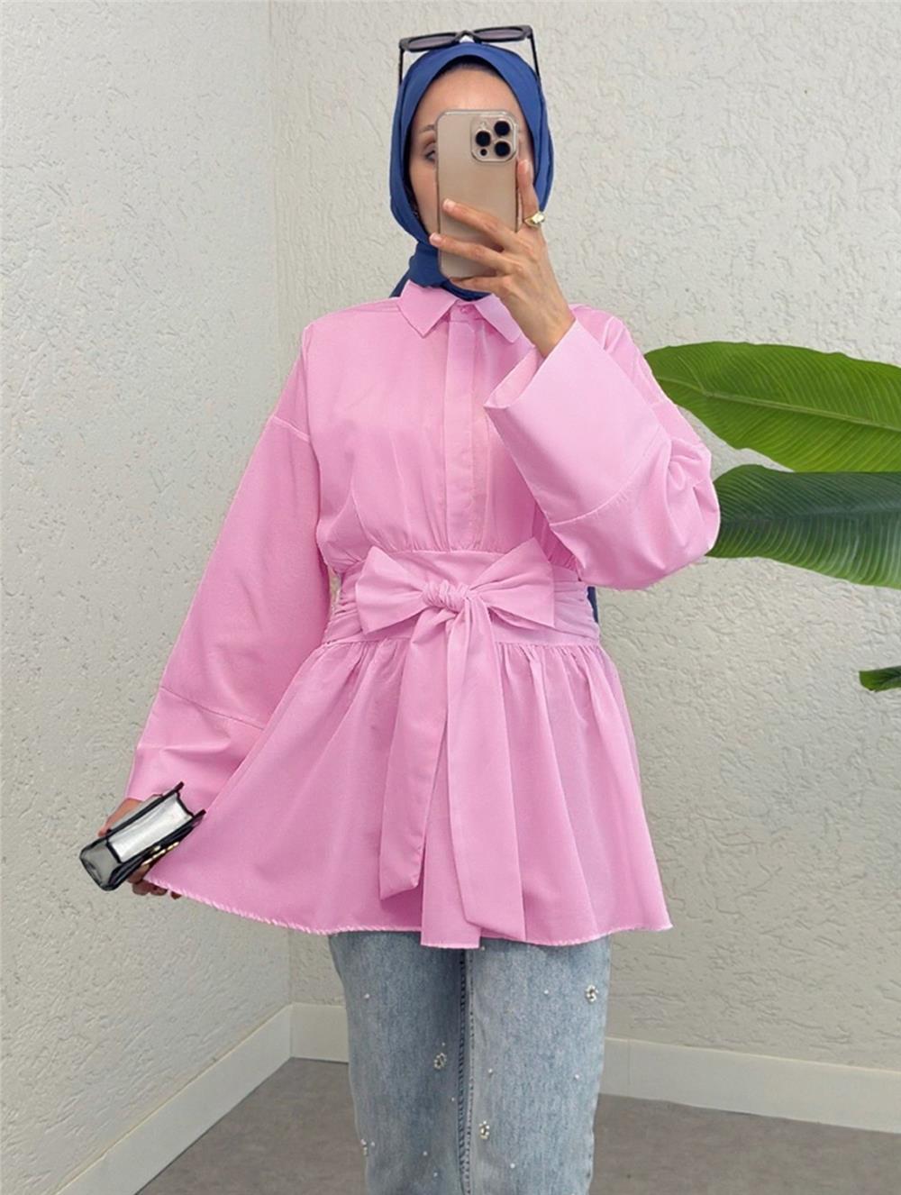 Yarım Düğmeli Beli Bağlamalı Yanı Fermuarlı Tunik  -Pembe-120-1613-R20