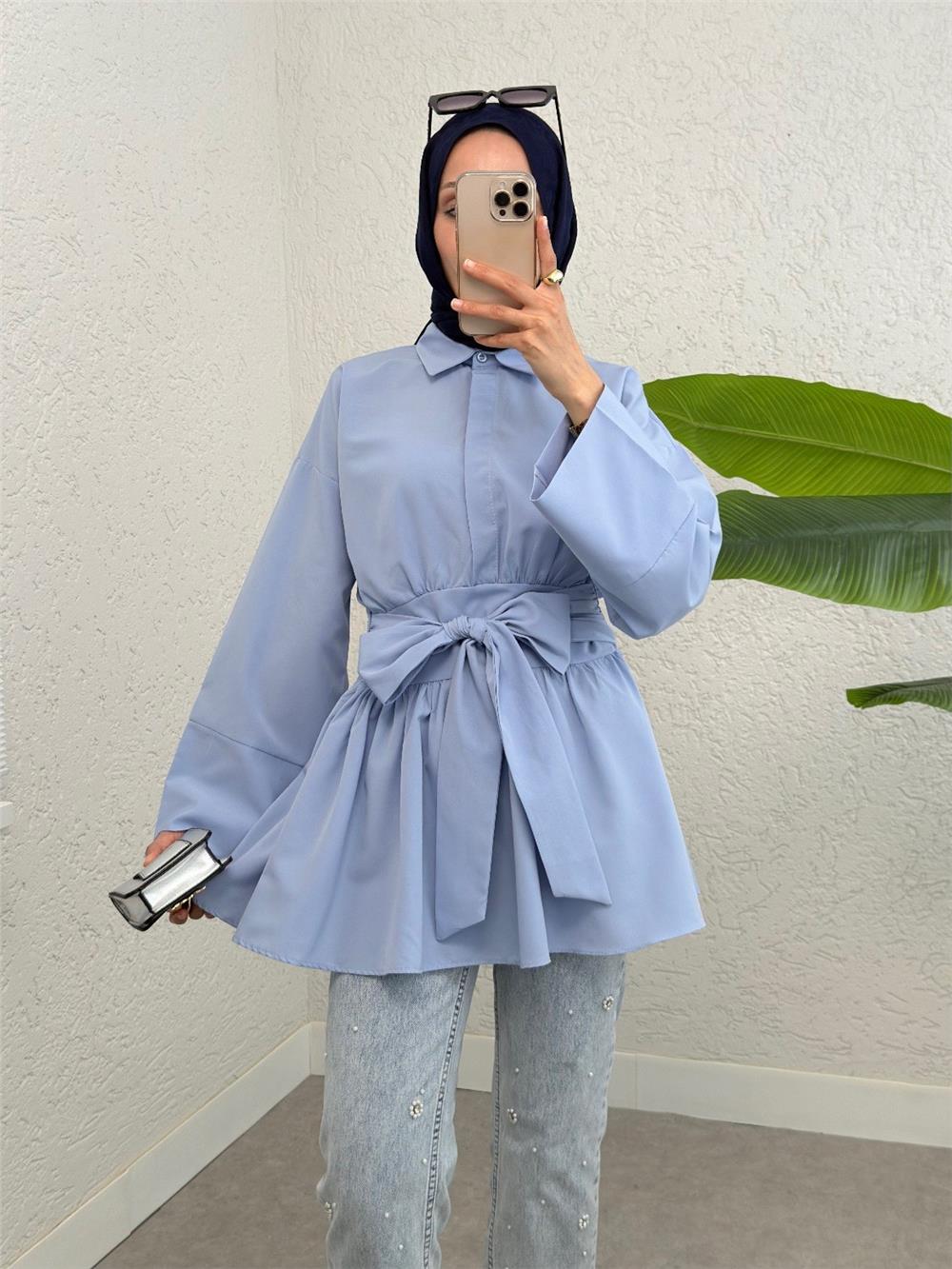 Yarım Düğmeli Beli Bağlamalı Yanı Fermuarlı Tunik -Bebe Mavi-120-1613-R32